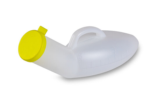 Portable plastic male urinal bottle with yellow cap isolated on white background with clipping path.
