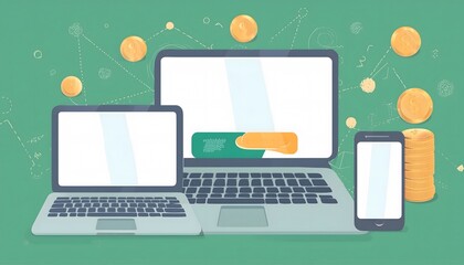 Digital online payment background with blank screen smartphone and laptop, highlighting flat design and business concept