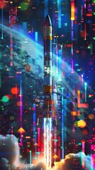 Obraz premium Rocket launch with colorful futuristic elements, digital art concept