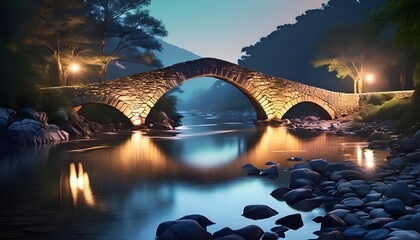 Stone bridge with lights at night over river, showcasing beautiful ancient architecture and nature tourism