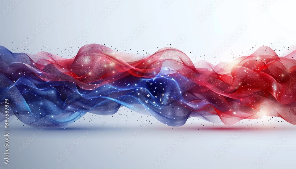 Poster abstract red and blue wave-like patterns blending in a harmonious dance with light particles on a wh