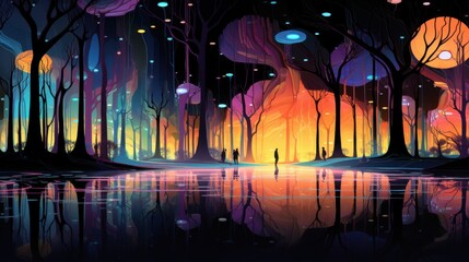Enchanted Forest with Glowing Lights and Reflections, Fantasy Landscape