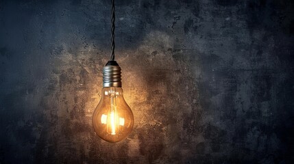 Hanging incandescent light bulb against textured dark wall, vintage lighting concept