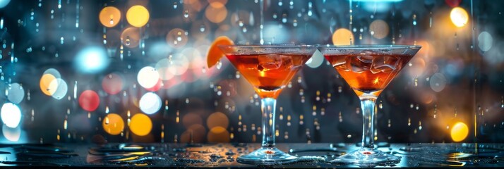 Showcase glasses with an enticing alcoholic drink on a dewy glass table, creating a vibrant atmosphere for the perfect night out.