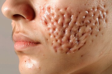 Close up of a young woman with problem skin, showing visible acne and imperfections. Highlights the challenges of dealing with skin issues.