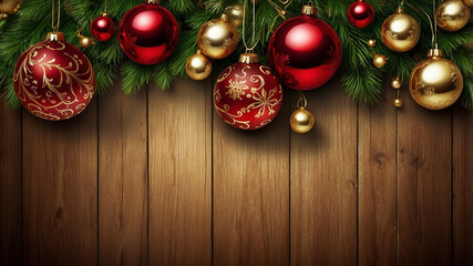 Red and Gold Christmas Ornaments on Rustic Wood background 1