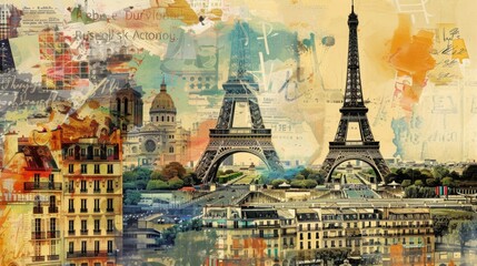 A vibrant collage showcasing iconic Parisian landmarks, including the Eiffel Tower and various buildings, juxtaposed with artistic scribbles and textures.