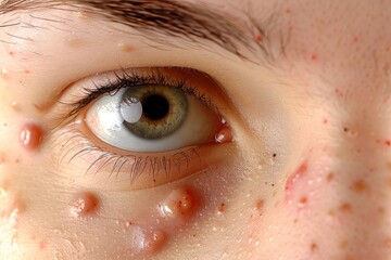 Fototapeta premium Close up of a young woman with problem skin, showing visible acne and imperfections. Highlights the challenges of dealing with skin issues.