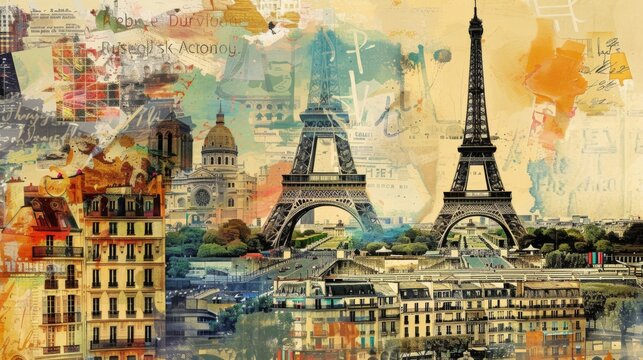 A vibrant collage showcasing iconic Parisian landmarks, including the Eiffel Tower and various buildings, juxtaposed with artistic scribbles and textures.