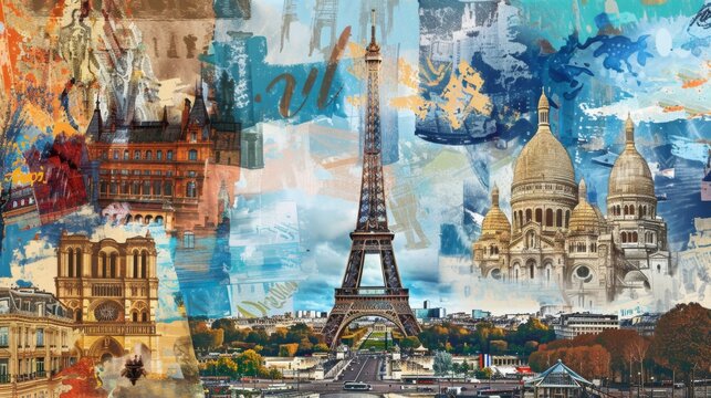 An artistic collage featuring the Eiffel Tower surrounded by various Parisian landmarks, painted with vibrant colors, capturing the essence of Paris through art.