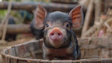 Vietnamese black miniature piglet in the sty curiously observing the camera