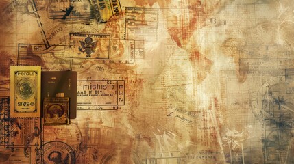 An artistic collage showcasing various vintage travel stamps, maps, and ephemera, presenting an abstract concept of adventure and nostalgia with sepia-toned textures.