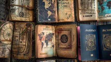 A diverse collection of vintage journals and passports are displayed, each with unique designs and covers, symbolizing a love for travel, memories, and personal history. An ode to wanderlust and adve
