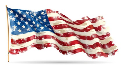 Obraz premium Waving United States flag with stars and stripes, symbolizing patriotism and freedom, on a white background.
