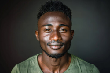 Close-up portrait of a young man of African descent, studio photo, against a sleek gray studio backdrop