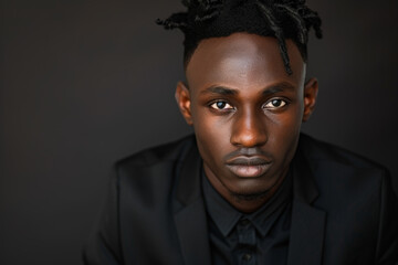Fototapeta premium Close-up portrait of a young man of African descent, studio photo, against a sleek gray studio backdrop