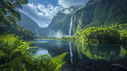 Tranquil mountain lake surrounded by lush greenery and a towering waterfall in the distance.