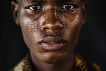 Fototapeta premium Close-up portrait of a young man of African descent, studio photo, against a sleek gray studio backdrop