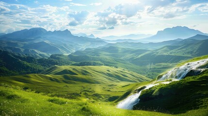 Tranquil valley with rolling green hills, mountains in the distance, and a sparkling waterfall.