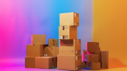 Stacked cardboard boxes on colorful gradient background. Logistics and shipping concept