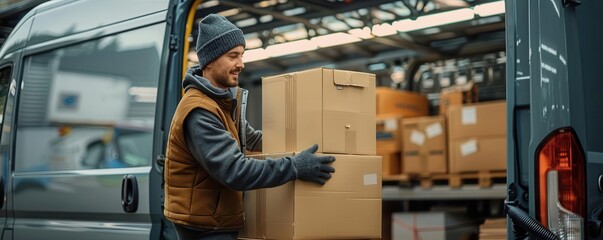 A delivery man loads boxes into a truck.