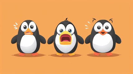Naklejka premium This image shows three cartoon penguins using expressive facial features and body language, showcasing different emotions in a playful and fun manner.