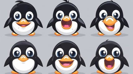 Naklejka premium This image features six cartoon penguins with joyful expressions, each showing their unique personality in a delightful and colorful artistic style, perfect for children.