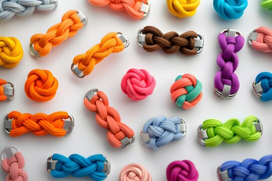 Colorful paracord knots on white background, showcasing vibrant and diverse designs and patterns.