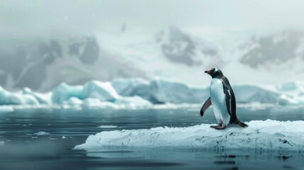 Fototapeta premium A Gentoo penguin stands on icy terrain amidst a snowy landscape, embodying the resilience of Antarctic wildlife thriving in a cold, challenging environment, underscoring natural beauty.