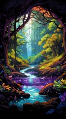 Enchanted Forest River Digital Art. Mystical, Magical Nature Scene