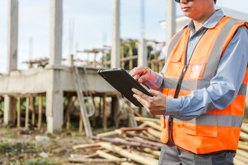 Male Asian construction contractor engineer checks structural plans, engineers concrete columns and...