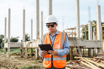 Male Asian construction contractor engineer checks structural plans, engineers concrete columns and...