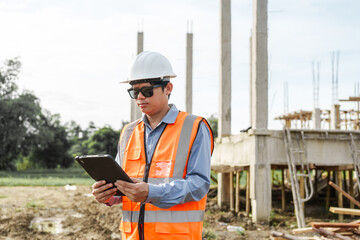 Male Asian construction contractor engineer checks structural plans, engineers concrete columns and...