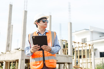 Male Asian construction contractor engineer checks structural plans, engineers concrete columns and...
