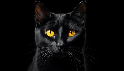 Obraz premium Close-up of a black cat with striking golden eyes against a dark background, highlighting its fur and piercing gaze.