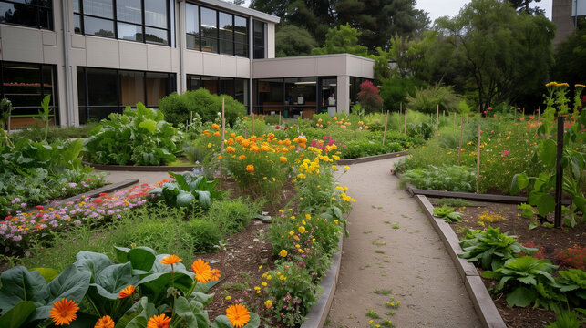 School garden with blooming flowers, vegetable patches, and neatly maintained walkways