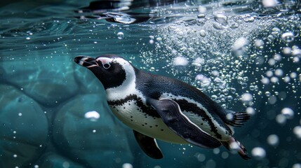 Fototapeta premium This image features a penguin gracefully swimming underwater, surrounded by numerous air bubbles, creating a serene and dynamic aquatic scene.