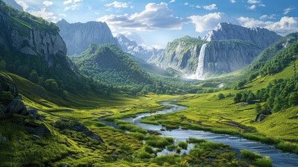 Verdant valley with a meandering river, mountains in the background, and a dramatic waterfall.