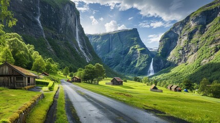 Fototapeta premium Vibrant green mountains, a cascading waterfall, and a serene road flanked by rustic huts and idyllic camping areas.