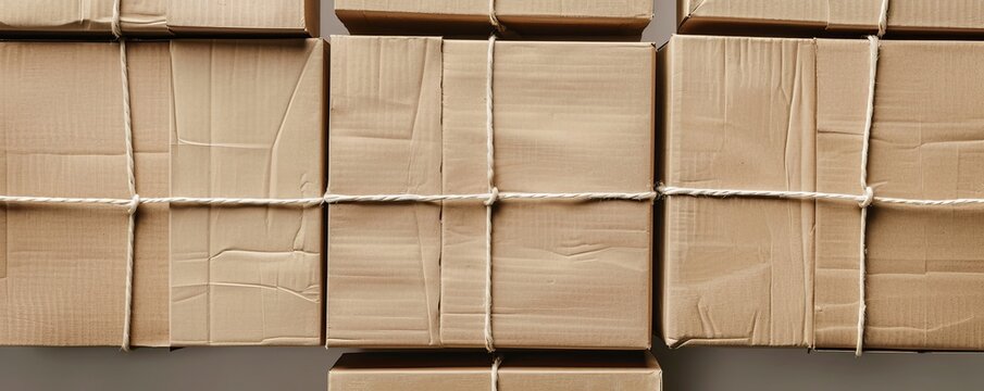 Stacked cardboard boxes with string ties, overhead view. Shipping and packaging concept