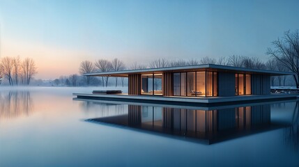 a floating house in the middle of a lake