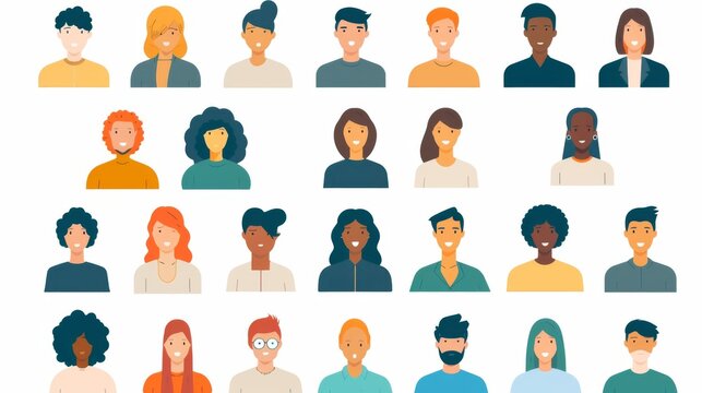 A set of flat style illustrated avatars representing diverse individuals, capturing various hair colors, styles, and clothing, perfect for digital media and networks. - Powered by Adobe