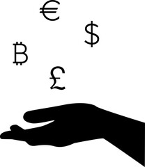 Signs of dollar, euro, bitcoin and pound  above an outstretched hand. Black silhouette. Vector illustration. Transparent background	