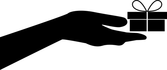 Silhouette of an outstretched hand holding gift box with a bow. Vector illustration in black color. Transparent background