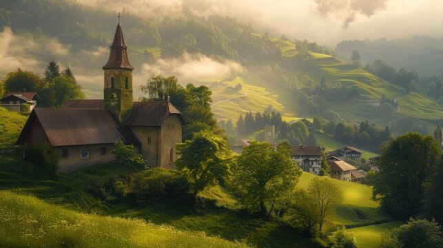 The magical Swiss village of Oberried after a fresh summer rain, where an old stone church sits atop a hill, its bell tower reaching into the sky with lush green fields spread out below.