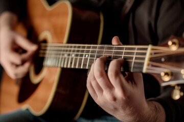 Closeup of a Hand Playing an Acoustic Guitar