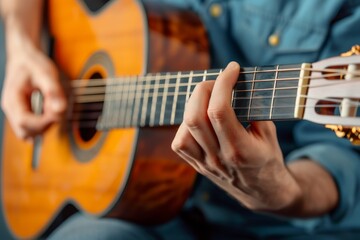Close-up of a Man's Hand Playing an Acoustic Guitar