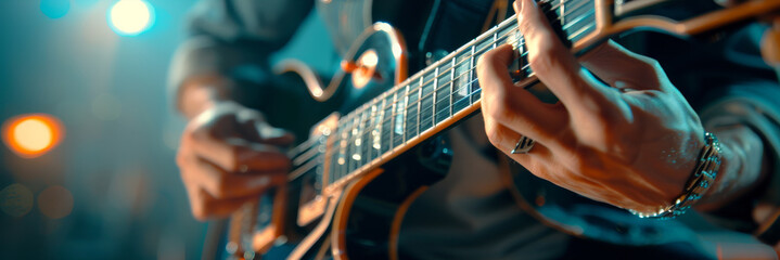 Naklejka premium Closeup of a Guitarist's Hand Playing Electric Guitar on Stage