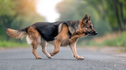 A large black and brown dog is walking down a road