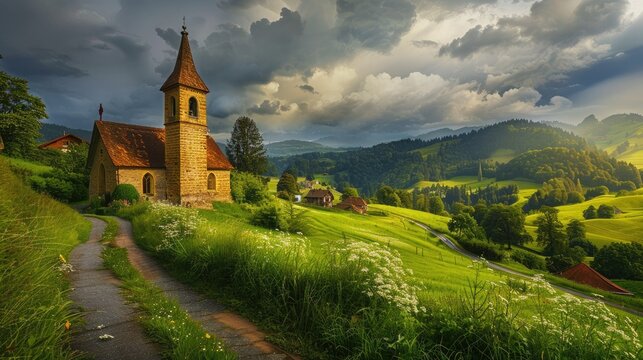 The magical Swiss village of Oberried after a fresh summer rain, where an old stone church sits atop a hill, its bell tower reaching into the sky with lush green fields spread out below.